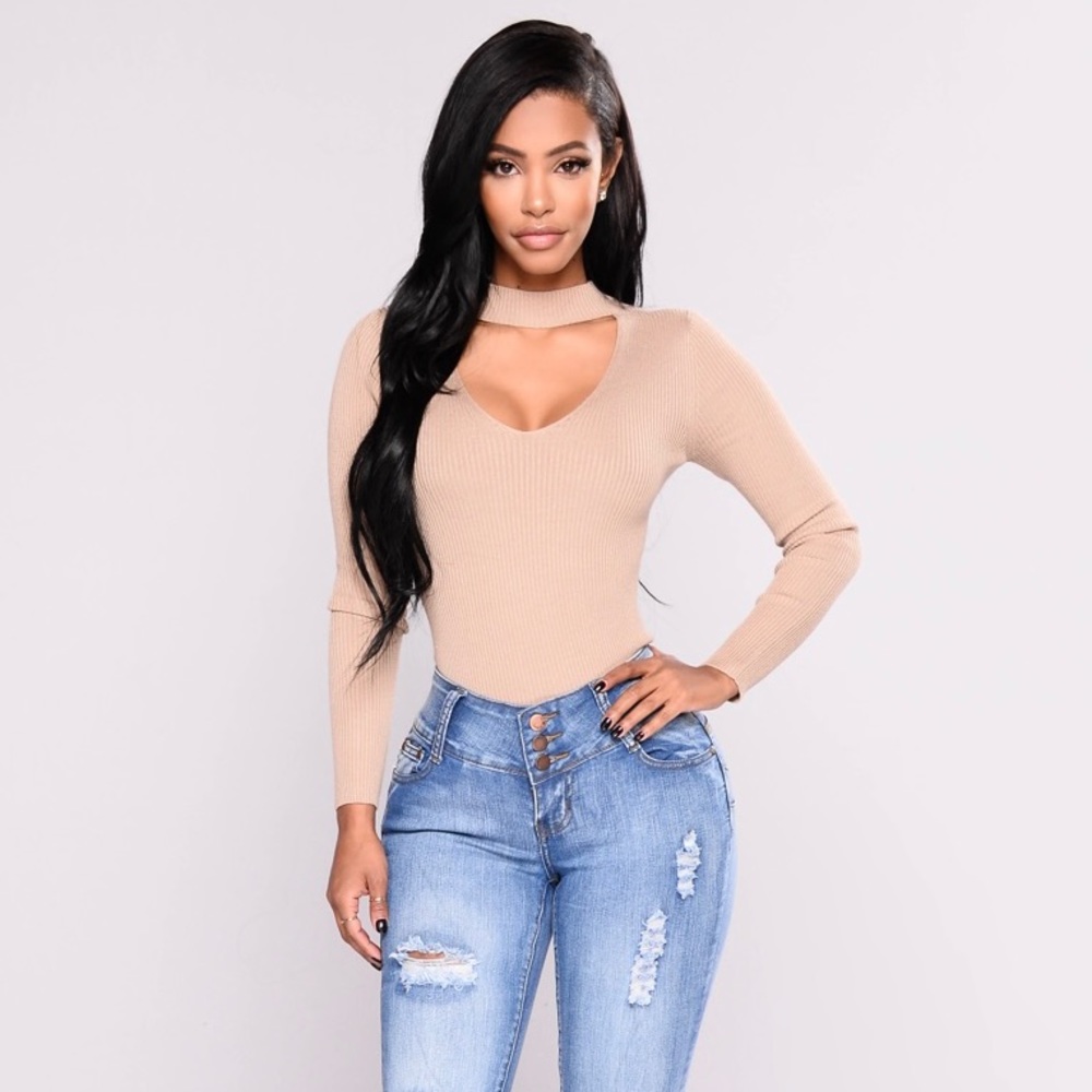 Long Sleeve High Neck Choker Tan Sweater